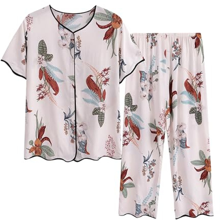 NSICBMNO Ensembles de pyjama pour femmes grande taille, ensembles de détente, chemises boutonnées, hauts floraux, pantalons capri à taille élastique, ensemble de détente deux pièces, co-ord d'été