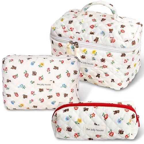 TOPALL Reise Kosmetiktasche Set Damen,Blumen Kosmetiktasche Aesthetic Make Up Bag Tasche Gesteppte Kulturtasche Beauty Case Baumwolle,Bear&Flower(Large+Medium+Pouch)