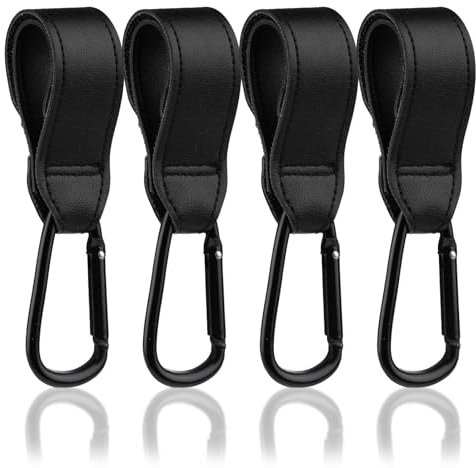 4Stück Kinderwagen Haken für Taschen,Kinderwagen Taschenhalter aus Leder,Kinderwagenhaken für Wickeltaschen,Universelle Kinderwagen Anhänger,Kinderwagen Zubehör Taschenhaken(Schwarz)