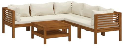 KOIECETA Gartenmöbel 6-TLG. mit Creme Kissen Tisch Mittelsofa Ecksofa Sofa Lounge Gartenset Garten Garnitur Sitzgruppe Akazienholz Massiv Gartensofa