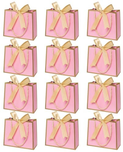Lot de 12 mini sacs cadeaux avec anse, petits sacs cadeaux roses pour anniversaire, mariage (14 × 6 × 12 cm), nœuds dorés