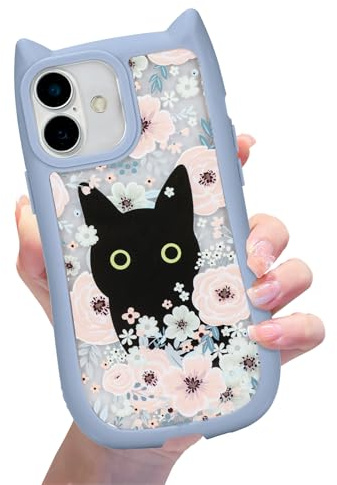 xoniery Compatible with iPhone 16 Cute Floral Case [ 3D Cat Colorful Flowers ] [ Senior Shockproof Protective ] iPhone 16 Clear Case for Women Girls-Blue