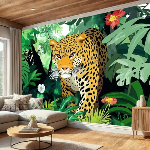 Fototapete Dschungel Grün Panorama Natur Tier Leopard Wohnzimmer Schlafzimmer Wandtapete Seide Tapete Motivtapeten Bildtapete 3D Effekt Wand Dekoration150 x 105 cm (B x H)