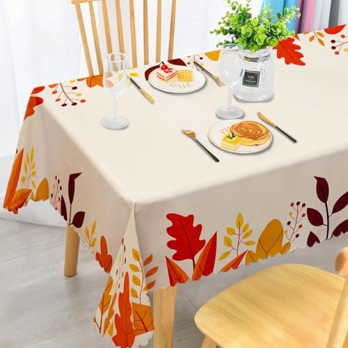 iEvery Autumn Table Cloth Wipe Clean, Wipeable Autumnal Mapleleaf Tablecloth Rectangular, Fall Harvest Decorations Table Cover Polyester Waterproof for Kitchen Party Thanksgiving 110x140cm