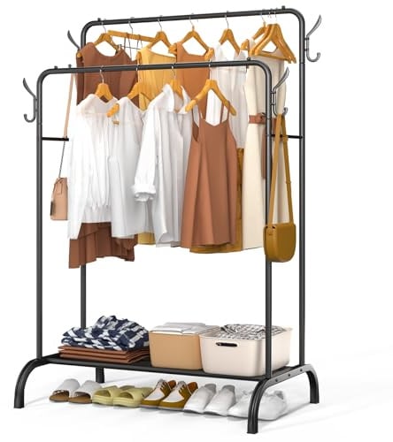 vounot® Portant à Vêtements Double Tringle avec Étagères à Chaussures et 4 Crochets Latéraux Penderie Vêtement Robuste en Métal Pour Chambre Dressing et Entrée 110x58x150cm Noir