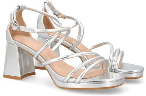 shoes&blues.es 95319 Sandalia de Tacon con Diseno de Tiras Finas y Talon Cerrado. Comodos con Plataforma, Ideal para Ocasiones Especiales. Plata Talla 37