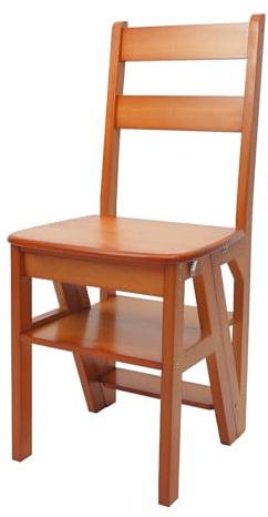Klappbarer Bibliotheksstuhl, Leiterstuhl aus Kiefernholz(Karamellfarbe-B) | 4-stufiger Tritthocker, 100kg Tragfähigkeit, Faltbarer Leiterstuhl Trittstuhl, Faltstuhl für Indoor und Outdoor