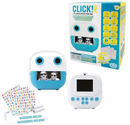 Radiocom - Click! 4 - Fotocamera istantanea per bambini - Doppia fotocamera - Stampa foto e disegni da App - Video 1080p - Zoom 6x - Giochi - MP3 - Display 2 LCD - microSD 4GB - Accessori inclusi