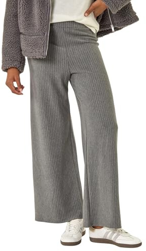 Roman Wide Leg Trousers for Women UK Ladies Palazzo Pants Evening Jersey Elasticated High Waist Smart Flared Culotte Office Work Going Out Loose Crepe Bottoms - Stripe Charcoal - Size 12