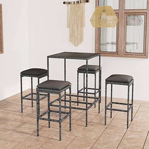 JHQHSM Ensemble de bar de jardin 5 pièces avec coussins en polyrotin gris, table haute avec cadre en acier et plateau en verre trempé, tabouret de bar avec coussin d'assise et repose-pieds, résistant