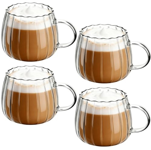 HALORIN Juego De 4 Vasos De Cristal Estriado De Borosilicato, 420 Ml, Tazas De Café Y Té, Aptos Para Lavavajillas, Elegantes Vasos De Calabaza Para Café, Té, Helado Y Zumos