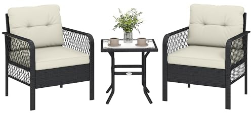 Outsunny 3 Pieces Rattan Bistro Set, Wicker Garden Furniture Set with Glass Top Coffee Table and Chairs, Thickened Cushions for Outdoor, Patio, Balcony, Cream White