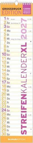 GROSSDRUCK Streifenplaner XL 2027: Streifenkalender 15x64 cm mit Großdruck, farblich markierten Wochenenden, Feiertagen & Mondphasen, ideal für Haushalt, Familie & Büro