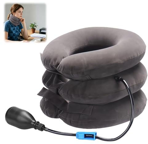 1PC Neck Stretcher Cervical Traction Device for Neck Shoulder Pain Relief | Grey，adjustable air pump, ergonomic spine decompression, portable soft washable fabric for home travel relief