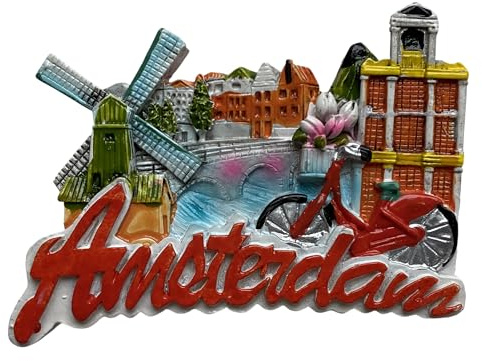 Imán para nevera Holanda Ámsterdam Países Bajos – Molino de viento, bicicleta y canales – Imán 3D Souvenir – Decoración magnética de colección – Idea regalo viaje colección L331
