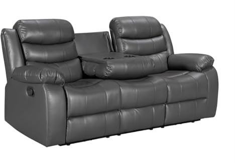 3-sits grå skinnsoffa med mugghållare – modern relaxsoffa med infällbara säten och vadderad komfort – 200 × 90 × 90 cm