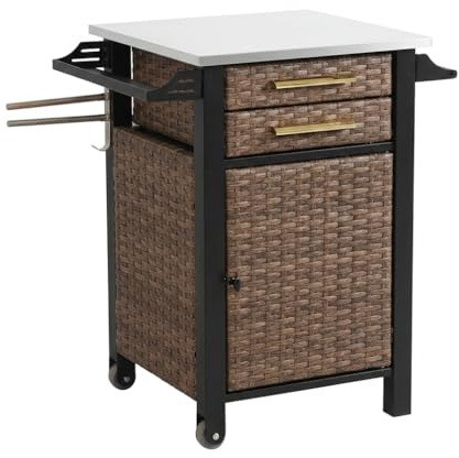 Outdoor Servierwagen mit Edelstahl Arbeitsplatte und Rollen, Rattan Küchenwagen für Garten und Terrasse, Grillwagen mit Schrank Schublade und Weinregal, Braun