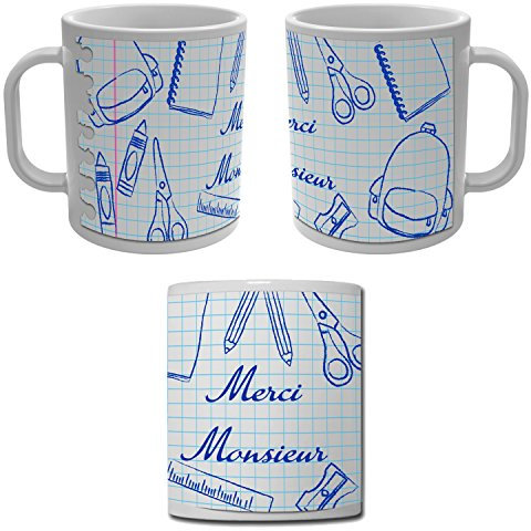YONACREA - Mug Tasse - Merci Monsieur - Feuille Spirale - Cadeau Année Scolaire - BLEU