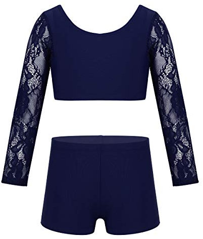 iiniim Costume de Sport Gymnastique Enfant Fille Ado Combinaison Manche Longue Hauts de Danse + Shorts de Danse Vêtements de Danse Ballet Bodysuit Dancewear Sportswear 6-14 Ans Bleu Marin 6 Ans