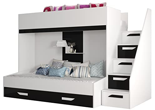 MEBLE KRYSPOL Party 16 Hochbett für Kinder, Jugendliche mit Stauraum - Etagenbett mit Schreibtisch, Kleiderschrank, Bücherregal und Trittleitern - 247x135x165 cm - Weiß, Schwarz, Weiß + Schwarz