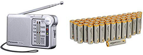 Panasonic RF-P150DEG-S Taschenradio mit Trageriemen, Batteriebetrieb Silber & Amazon Basics Performance Batterien Alkali, AA, 48 Stück (Design kann von Darstellung abweichen)