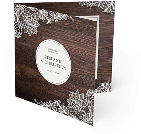 (10 x) Hochzeit Einladungskarten Rustikal mit weißer Spitze Einladungen Hochzeitskarten Holz