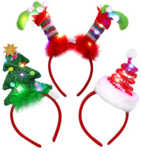 URATOT 3 Pack Christmas LED Headbands Christmas Tree Costume Headwear Elves Hair Hoop for Xmas Party Supplies