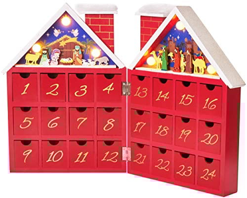 BRUBAKER Adventskalender aus Holz zum Befüllen - Rotes Weihnachtshaus mit Krippenspiel und LED-Beleuchtung - Wiederverwendbarer DIY Weihnachtskalender 21 x 9 x 30 cm