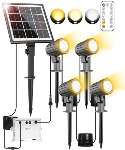 CLV 4-1 Solar Spotlights Outdoor Garden, Solar Powered Light Landscape Spotlights with 14M Cable Remote 3 Colors 2 Modes IP66 Waterproof Spike Light for Garden, Lawn, Patio, Balcony