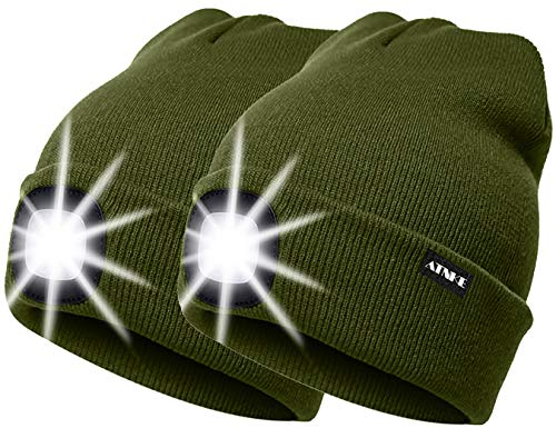 ATNKE 2Pcs Neue Warme LED beleuchtete Mütze,Unisex USB wiederaufladbare Laufmütze Ultra Bright 4 LED wasserdichte Lichtlampe Mehrfarbig (Armee Grün, 2PCS)