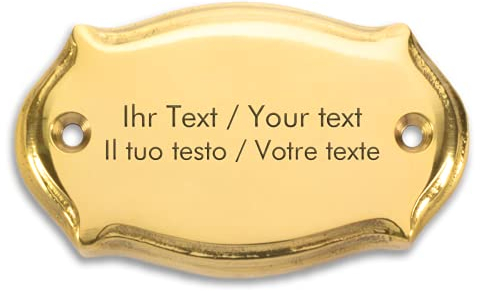 Türschild aus Messing mit personalisierter Gravur - 86 x 48 mm, oval geschwungen - Messingschild, Klingelschild mit eigenen Texten und Grafiken
