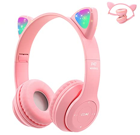 Casque pour Enfants sans FI, Megadream Casque Cat Pliable avec LED Flash Lumières Glow pour Enfants 8+, 3.5mm Jack, SD Carte Slot pour PC, Tablette, Smart Phone (Rose)