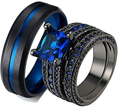ANAZOZ 2 Stück Eheringe Paarpreis Edelstahl Vergoldet 6mm Breit Gebürstet Solitär Diamantring Blau Trauringe Partnerringe Schwarz Ring Set Orientalisch Frau:62 (19.7) & Mann:67 (21.3)