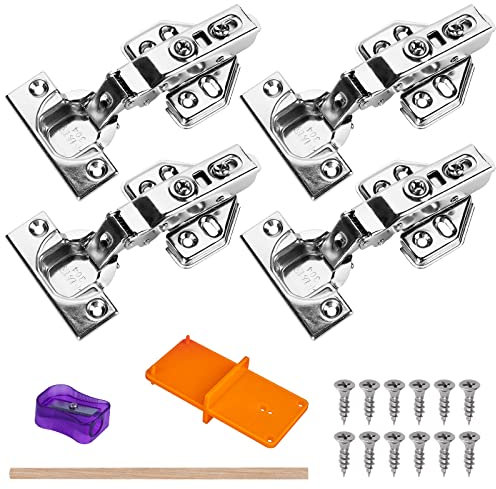 Xingrun 4 Pcs Soft Close Cupboard Hinges 35mm Kitchen Cabinet Wardrobe Door Plate Hinges 105 Degree Stainless Steel Concealed Inset Hinges with Screws and Drilling Template (Full Overlay)
