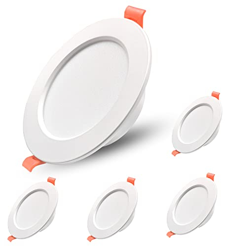 Sweier LED Einbauleuchten Ultraflach(33mm),IP44 Einbaustrahler 230V,7W 600LM Warmweiß 3000K-Einfache Installation für Badezimmer,Küche&Wohnzimmer Einbauspots(5er-Pack,weiß,Aluminium, 90mm Ausschnitt