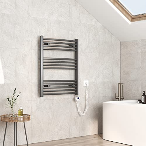 EMKE Scaldasalviette elettrico, 75 x 60 cm, curvo, termosifone elettrico con termostato, scaldasalviette con timer, colore antracite, 300 W