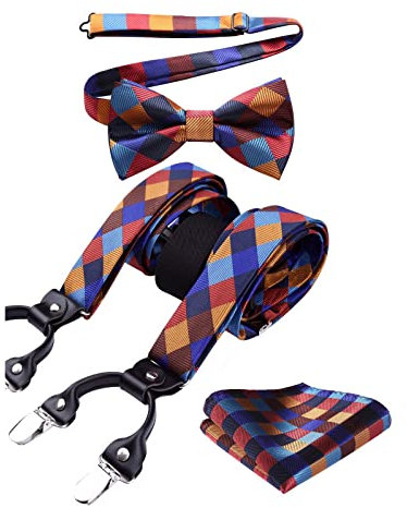 HISDERN Hosenträger Herren Mit 6 Extra Stark Clips Kariert Fliege und Hosenträger Einstecktuch Set Klassische Verstellbar Y Form Elastisch Hochzeit Braces