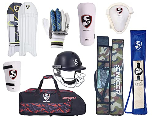 SG Cricket-Set mit Kaschmir-Weiden-Schläger, L-Kitbag-Handschuhe, Beinschutz, Helm, Schläger, Oberschenkelschutz, Ellenbogen, ideal für Herren-Größe, mit Schaumstoff gepolsterter Bezug, Einheitsgröße