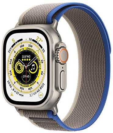 Apple Watch Ultra (GPS + Cellular, Cassa 49mm) Smartwatch con robusta cassa in titanio e Trail Loop blu/grigio - M/L. Fitness tracker, GPS di precisione, tasto Azione, batteria a lunghissima durata
