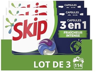 Skip Lessive Capsules 3en1 Fresh Clean sans emballage plastique x114, Parfum Frais Durable Efficace Même en Cycle Court 114 Lavages (Lot de 3x38 Capsules)