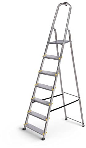 Escabeau 7 marches DURA Pliable, marchepied léger en Aluminium, Hauteur Plateforme 140cm, Pieds antidérapants, Charge 150kg, Garantie 5 Ans Hoström