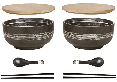 Ramen Schüssel Keramik 2 Set (8 Stück) mit Löffel Essstäbchen,1100 ML Großer Suppenschüssel,Salatschüsseln Für Suppe, Pho und Sushi Bowl (Grau Schale 2 Set)