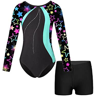 iEFiEL Mädchen Turnanzug Langarm Gymnastik Trikotanzug Glänzende Turnen Set Klassisch Gymnastikanzug Kinder Tanzbody Xa Schwarze Sterne mit Shorts 146-152