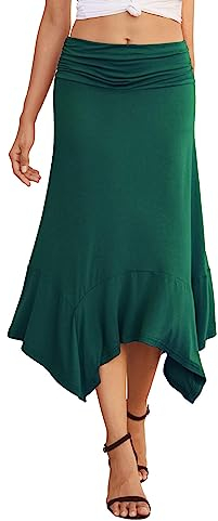 PrinStory Midi Rock Damen Sommer Casual Röcke Frauen Gummi Breiten Gerafften Bund Soft Fit Flowy Taschentuch Saum Rock (Dunkelgrün, L)