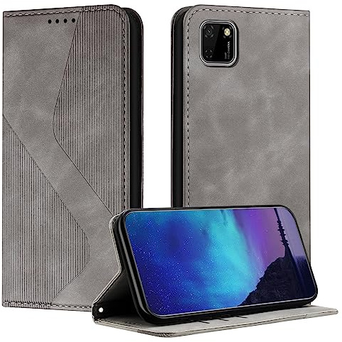 Fatcatparadise Kompatibel mit Huawei Y5P 2020/Honor 9S Hülle, Handyhülle für Huawei Y5P 2020/Honor 9S Hülle PU Leder Flip Klappbare Wallet Magnet Case Klapphülle Schutzhülle Tasche Hülle (Grau)