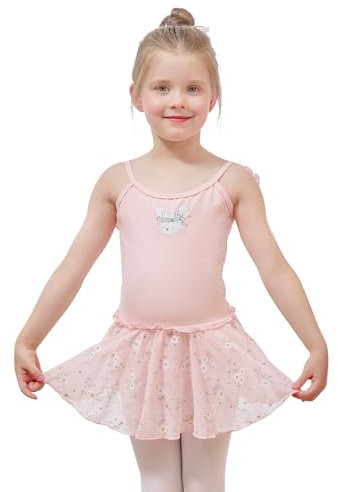 Bezioner Ballet Dress,Cotton Ballet Leotards for Girls with Skirt Flower Pattern Spaghetti Strap Ballerina Costume for Girls Pink 100(90-100 cm,2-3 Years)