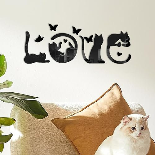SwirlColor Wandaufkleber mit Katzen-Schmetterling-Motiv, Liebe Katze Wandtattoo Wohnzimmer Selbstklebende DIY Spiegel Effekt Wandtattoos für Wohnküche Schlafzimmer Heimdekoration