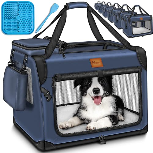 TRESKO® Caisse de transport pliable, avec tapis de fuite, spatule et réflecteurs, pour chiens et chats de petite et grande taille, sac robuste, taille XXL, 92 x 63 x 63 cm (bleu marine)