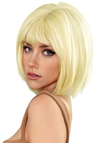 EUPSIIU Charming Creamy White Kurze Bob Perücken mit Pony Synthetische Hitzebeständige bob perücke,White Blonde Short Wig with Fringe,Cosplay Kostüm Halloween Party Haarteil,14 Zoll (Blonde)