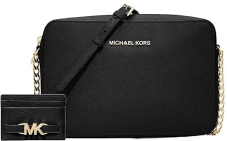 Michael Kors Jet Set East West Damen Crossbody Bundle Travel Coin Pouch oder Reed Large Card Case, Schwarz-Gold/Schwarz